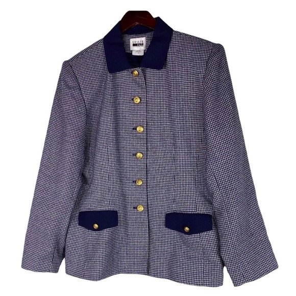 Vtg Leslie Fay 14 XL Blazer Jacket Navy Blue Gold Nautical Gingham Career - Picture 2 of 6